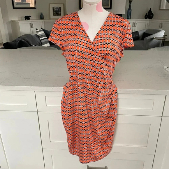 Jones New York Signature Petite Cap Sleeve Print Faux Wrap Dress Orange Sz MP - Picture 10 of 10